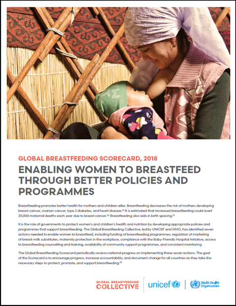 Global breastfeeding scorecard, 2018: Enabling women to breastfeed through better policies and programmes