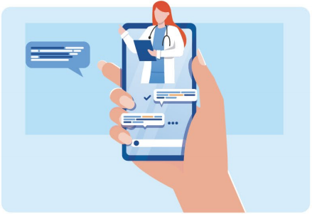 Illustration of hand holding a smart phone giving fitting advice on hearing aids